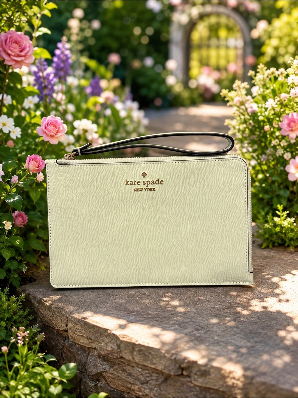 Kate Spade Staci Medium L-Zip Wristlet Mint Green Saffiano Leather Wallet NWOT